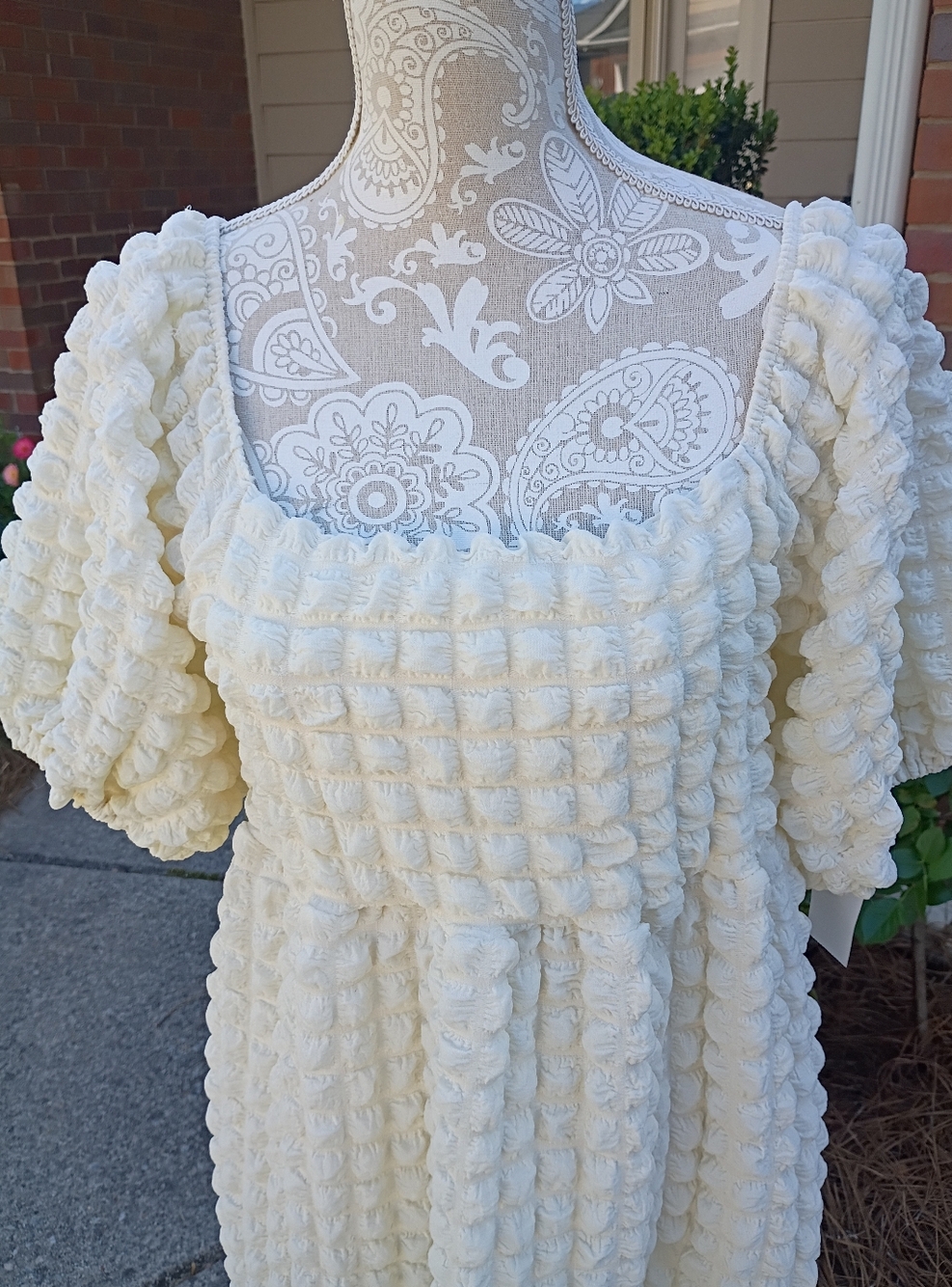 Simply Southern vory Textured Puff-Sleeve Maxi Bubble Dress Sz S - Picture 2 of 6